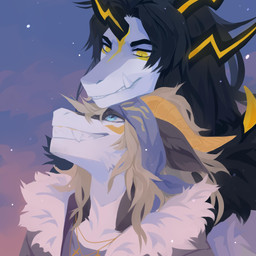 accessory anthro black_hair black_horn blue_eyes cheek_tuft clothed clothing duo facial_markings facial_tuft fangs fur glistening glistening_eyes grey_body grey_clothing grey_fur grey_jacket grey_topwear grin hair head_markings headband horn jacket looking_down looking_up male markings outside sky smile tan_hair teeth topwear tuft unsigned white_body white_fur yellow_body yellow_eyes yellow_fur yellow_horn yellow_markings corzh77 mythology dragon furred_dragon furred_scalie mythological_creature mythological_scalie scalie 1:1 absurd_res hi_res