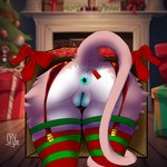 anthro ass_up blue_pussy bodily_fluids bow_ribbon box butt clothing container female footwear garter_belt garter_straps genital_fluids genitals holidays pussy socks tail vaginal_fluids cry_909 christmas felid human lion mammal pantherine bow_(disambiguation) hi_res