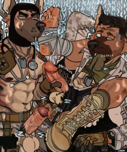 abs abstract_background anthro anthro_on_anthro anus areola balaclava balls barazoku bareback belt big_balls big_muscles big_penis bodily_fluids body_hair boots bottomwear bottomwear_aside butt_hair camo camo_clothing camo_print claws clothed clothing clothing_aside dog_tags dripping duo erection eyebrows feet fingerless_gloves foot_fetish foot_sniffing foot_wraps footwear foreskin fur gag gagged genital_fluids genitals glans gloves hair handjob handwear humanoid_feet humanoid_genitalia humanoid_penis imminent_anal knee_highs knee_socks legs_up legwear lying male male/male mask military military_uniform muscular muscular_anthro muscular_male musk musk_clouds narrowed_eyes navel nipples object_in_mouth on_back one_boot_on onomatopoeia open_clothing open_shirt open_topwear pants pattern_clothing pecs penetration penile penis plantigrade precum pubes saliva saliva_drip saliva_string sex shallow_penetration shirt shoes simple_background sniffing socks soldier soles sound_effects spitting spread_legs spreading standing sweat text topless topless_anthro topless_male topwear tuft uniform unretracted_foreskin unzipped vein warrior wraps zipper jerro canid canine canis mammal 2025 english_text hi_res