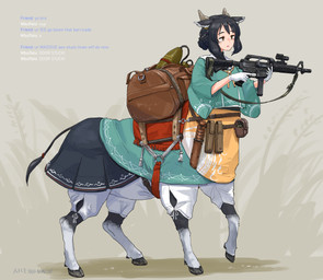 bag belt belt_pouch black_hair bomb bottomwear brown_eyes clothed clothed_female clothed_taur clothing colt_635 explosives female female_taur gloves green_clothing green_shirt green_topwear grenade gun hair handwear holding_gun holding_object holding_ranged_weapon holding_submachine_gun holding_weapon hooves horizontal_pupils horn knife pouch_(clothing) pupils ranged_weapon shirt skirt solo standing submachine_gun text topwear weapon white_clothing white_gloves white_handwear ricebirdmon colt's_manufacturing_company bovid bovid_taur bovine bovine_taur mammal mammal_taur taur true_buffalo water_buffalo absurd_res english_text hi_res signature