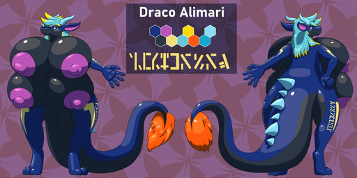 3_toes 4_breasts 5_fingers anthro areola avali_scratch_(text) belly big_areola big_breasts big_nipples big_tail big_vulva black_belly black_breasts black_tail blue_arms blue_claws blue_ears blue_eyes blue_hair blue_horn blue_legs blue_tail breasts claws color_swatch facial_horn feet female finger_claws fingers front_view genitals hair horn horned_tail huge_breasts huge_tail lightning_bolt lightning_bolt_marking multi_breast nipples nose_horn nude nude_anthro nude_female orange_tail_tuft pattern_background pink_background purple_areola purple_background purple_inner_ear purple_nipples rear_view simple_background solo tail tail_tuft text text_on_arm text_on_leg toes tuft vulva yellow_hair_tips firolina european_mythology mythology draco_alimari dragon hybrid mythological_creature mythological_scalie scalie scent_dragon western_dragon absurd_res english_text hi_res model_sheet translated