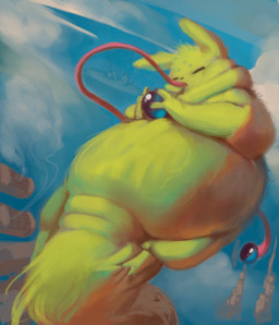 ambiguous_gender anthro belly big_belly big_tail blue_fruit_(rain_world) eating eyes_closed food green_body holding_food holding_object hyper hyper_tongue licking_object long_tongue obese overweight overweight_ambiguous overweight_anthro solo tail tongue citrusslugcat rain_world videocult saint_(rain_world) slugcat