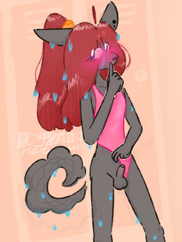 5_fingers accessory anthro blue_eyes blush clothing clothing_aside curled_tail dripping ear_piercing erection eyebrows eyelashes fingers foreskin fur genitals grey_body grey_fur hair hair_accessory hair_tie inside locker_room long_hair looking_back makeup male one-piece_swimsuit paws penis piercing red_hair shy small_penis solo standing swimwear swimwear_aside tail wet wet_hair djannetur djannetur_(character) hybrid 2025 watermark nonbinary_(lore)