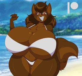 anthro beach big_breasts bikini breasts brown_body brown_eyes brown_fur cleavage clothed clothing female fur huge_breasts lipstick looking_at_viewer makeup sand sea seaside sky smile smiling_at_viewer solo swimwear two-piece_swimsuit water mastergodai canid canine canis dobermann domestic_dog mammal pinscher character_request