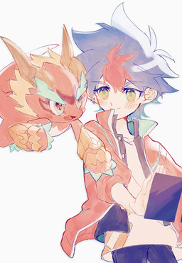 ambiguous_gender anthro armor blonde_hair blue_hair blush claws clothing duo eye_contact floating hair horn jacket looking_at_another male markings multicolored_eyes outstretched_arm shirt smile tail topwear white_clothing white_shirt white_topwear rum3htht cygames mythology shadowverse dragnir_(shadowverse) light_(shadowverse) dragon human mammal mythological_creature mythological_scalie scalie hi_res