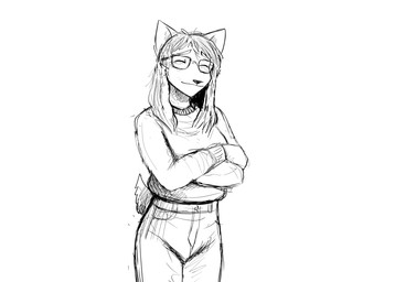 aged_up anthro eyes_closed eyewear female glasses mature_anthro mature_female smile solo hladilnik carol_(hladilnik) canid canine canis domestic_dog mammal 2025 black_and_white hi_res monochrome sketch