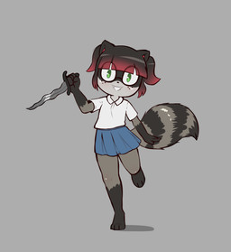 3_toes 4_fingers anthro barefoot bottomwear clothing eyewear feet female fingers fluffy fluffy_tail freckles glasses gradient_hair green_eyes grin hair holding_object holding_weapon insane knife kris_(weapon) looking_at_viewer markings ring_(marking) ringed_tail skirt smile solo striped_markings striped_tail stripes tail tail_markings threatening toes weapon yandere young young_anthro young_female e254e rebecca_lane mammal procyonid raccoon absurd_res hi_res