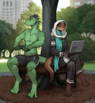 anthro blush bodily_fluids bottomwear brown_body brown_scales city clothed clothing computer detailed_background duo electronics female fully_clothed green_body green_scales headgear headwear hijab laptop male muscular muscular_anthro muscular_male outside park pecs plant religious_clothing religious_headwear scales shorts side_by_side sitting smile sweat topless tree ethrk lizard reptile scalie hi_res