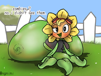 belly big_belly big_breasts black_clothing black_eyes black_shirt black_topwear blonde_hair blue_sky blush bone breasts clothing digestion eyelashes eyewear eyewear_on_head fatal_vore female fence flower goggles goggles_on_head grass green_body green_mouth green_tongue hair huge_belly hyper hyper_belly leaf_legs looking_at_viewer looking_back looking_back_at_viewer not_furry open_mouth open_smile orange_face outside petal_hair petals plant plant_pred pseudo_hair rear_view red_eyewear red_goggles shirt skull sky smile smiling_at_viewer solo text tongue topwear vore yellow_petals ngnini electronic_arts plants_vs._zombies plants_vs._zombies_heroes popcap_games solar_flare_(pvz) elemental_creature flora_fauna flower_creature sunflower_(pvz) 2026 4:3 artist_name colored digital_media_(artwork) hi_res shaded