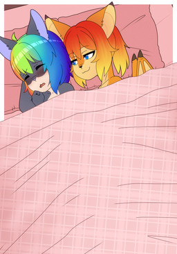 anthro back_wings bat_wings bed bed_sheet bedding biped black_nose blue_eyes blue_hair blush blush_lines closed_smile countershade_face countershade_torso countershading duo eyebrows eyes_closed female furniture green_hair grey_body hair high-angle_view looking_at_another lying lying_on_bed membrane_(anatomy) membranous_wings mouth_closed multicolored_body multicolored_hair nude on_bed on_side open_mouth orange_hair pillow short_hair smile suggestive tan_body tan_countershading tongue two_tone_body two_tone_hair wings young young_anthro young_female gi0 bat canid canine canis hybrid mammal wolf 2025 absurd_res hi_res sibling_(lore) sister_(lore) sisters_(lore) twins_(lore)