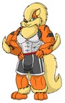 anthro anthrofied arcanine canid canine clothed clothing fur generation_1_pokemon hi_res large-rarge male mammal muscular nintendo pokemon pokemon_(species) pokemorph shirt simple_background solo standing tail topwear white_background