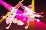 dance_club dancing duo female fur hair hair_over_eye one_eye_obstructed open_mouth open_smile pokemorph semi-anthro smile tan_body tan_fur conditional_dnp labbit_(artist) eevee_party hazbin_hotel nintendo pokemon charlie_morningstar vaggie_(hazbin_hotel) eevee generation_1_pokemon pokemon_(species) hi_res