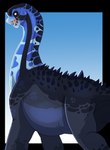 ambiguous_gender back_spikes blue_body feral gradient_background long_neck looking_at_viewer open_mouth side_view simple_background solo spikes spikes_(anatomy) yellow_eyes imperatorcaesar dinosaur prehistoric_species reptile sauropod sauropodomorph scalie hi_res
