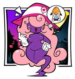 blush blush_stickers breasts butt clothing ellipsis featureless_breasts female ghost_tail gloves grass hair hair_over_eyes hand_on_hip handwear hat headgear headwear heart_symbol long_hair moon navel night pattern_clothing pattern_hat pattern_headgear pattern_headwear pink_blush pink_clothing pink_hair pink_hat pink_headwear plant plushie purple_body purple_skin rear_view red_tongue solo striped_clothing striped_hat striped_headgear striped_headwear stripes tongue tree two_tone_hat white_clothing white_gloves white_handwear white_hat white_headwear witch_hat gallycidpizza mario_bros nintendo paper_mario parappa_the_rapper sony_corporation sony_interactive_entertainment parappa vivian_(mario) humanoid shadow_siren 2023 absurd_res digital_media_(artwork) hi_res pictographics trans_(lore) trans_woman_(lore)