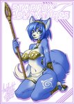 anthro big_breasts blue_body blue_fur blue_hair breasts cleavage clothed clothing female fur hair hand_behind_back holding_object holding_weapon kneeling looking_at_viewer solo teal_eyes teeth text thick_thighs weapon white_body white_fur wide_hips firekitty nintendo star_fox krystal_(star_fox) canid canine fox mammal 2017 english_text