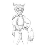 anthro big_breasts breasts button_(fastener) clothed clothing dipstick_ears dipstick_tail dress_shirt ear_markings eyewear female glasses hair hair_bun markings multicolored_ears no_bra shirt solo straining_buttons suit suspenders tail tail_markings tight_clothing topwear panzerschreckleopard bridgette_o'shane canid canine canis domestic_dog felid feline hunting_dog lynx lynxuki mammal saluki sighthound 2021 absurd_res hi_res monochrome