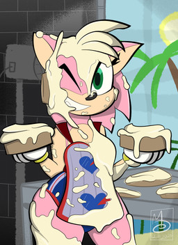 anthro apron clothed clothing dessert female food food_fetish food_play furniture gloves green_eyes handwear light looking_at_viewer messy pastry pie pink_body simple_background smile solo swimwear table teeth wam sebaku sega sonic_the_hedgehog_(series) amy_rose eulipotyphlan hedgehog mammal absurd_res digital_media_(artwork) hi_res lighting