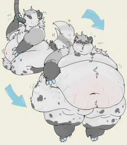 anthro before_and_after belly belly_blush belly_jiggle black_body black_fur blue_body blue_fur blush body_blush chubby_cheeks claws double_chin eyes_closed facial_markings feeding_tube fingerless_(marking) fingerless_gloves_(marking) fur gloves_(marking) hand_on_belly head_markings holding_tube jiggling kneeling leg_rolls looking_down looking_down_at_self love_handles male markings mask_(marking) medical_instrument moobs morbidly_obese morbidly_obese_anthro morbidly_obese_male motion_lines navel nude obese obese_anthro obese_male open_mouth overweight overweight_anthro overweight_male ring_(marking) ringed_tail scientific_instrument sequential_arrow solo sound_effects spots spotted_body spotted_fur standing stretch_marks striped_markings striped_tail stripes stuffing tail tail_markings text thick_thighs toe_claws tube_feeding weight_gain white_body white_fur wide_hips portlypigeon mammal procyonid raccoon hi_res