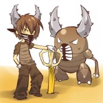 1:1 bottomwear brown_hair clothed clothing cosplay duo fully_clothed generation_1_pokemon hair hitec human looking_at_viewer male mammal nintendo pants pinsir pokemon pokemon_(species) scissors shirt short_hair simple_background topwear white_background