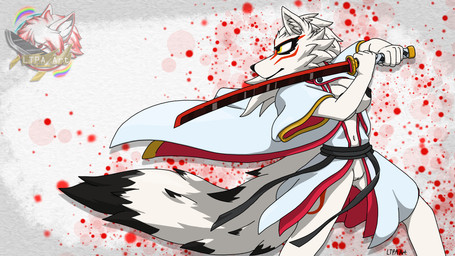 anthro breasts female fur genitals markings melee_weapon red_markings sword vulva weapon white_body white_fur ltpa_art capcom okami_(capcom) amaterasu_(okami) canid canine canis mammal wolf 16:9 hi_res widescreen