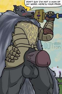 armor balls clothed clothing dominant dominant_male first_person_view genitals hand_on_hip humanoid_genitalia humanoid_penis low-angle_view male melee_weapon muscular muscular_male pantsless penis presenting presenting_penis scar solo speech_bubble sword text vein veiny_penis weapon djtron elden_ring fromsoftware blaidd_(elden_ring) canid canine canis mammal wolf 2:3 absurd_res hi_res
