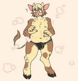anthro belly blush blush_lines brown_body bulge clothed clothing hooves horn implied_transformation male male_anthro markings nipples pink_background simple_background solo spots spotted_body standing tan_body underwear underwear_only cuppalion bovid bovine cattle mammal