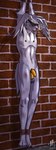 abuse anthro ball_stretcher band-aid bandage blood bodily_fluids bound bruised chastity_cage chastity_device ear_piercing feet_tied hands_tied lean_body male nipple_piercing nipples piercing slim solo sweat whip_mark iudicium86 bandai_namco digimon digimon_(species) gazimon hi_res
