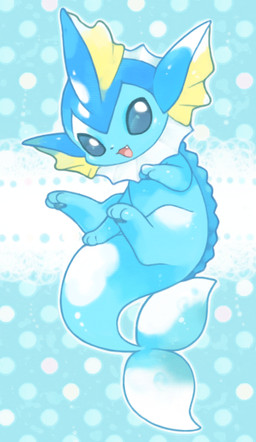 3_toes ambiguous_gender back_spikes blue_background blue_body blue_eyes blue_markings blue_pawpads digitigrade dotted_background ear_frill feet feral fin frill_(anatomy) hand_on_tail head_crest head_frill head_markings markings midair neck_frill one_fang open_mouth open_smile outline pattern_background pawpads paws raised_hand simple_background smile solo spikes spikes_(anatomy) tail tail_fin thick_tail toes white_body white_outline yellow_body michi_runi nintendo pokemon eeveelution generation_1_pokemon pokemon_(species) vaporeon digital_media_(artwork) unavailable_at_source
