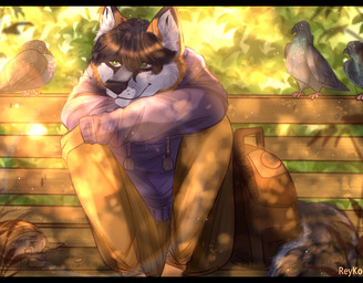 anthro backpack bench black_bars bottomwear bread clothed clothing detailed_background food fur light male pants plant shirt shrub solo sunlight sweatshirt topwear reykoli pepper_(pepperfox) avian bird canid canine fox grey_fox mammal urocyon hi_res letterbox