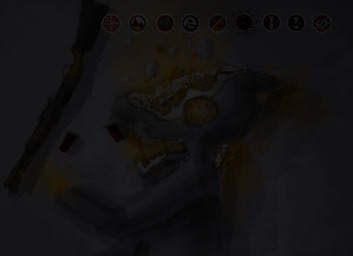 ambiguous_gender anthro black_body black_fur blood bodily_fluids cave death female fur gore gore_focus hair male male/female orange_sclera simple_background solo teeth text lexido casualties:_unknown gunsaw canid canine expie_(gunsawian) gunsawian hybrid mammal murid rodent english_text