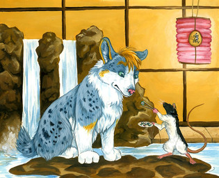 ambiguous_gender anthro blue_body blue_fur chopsticks duo feral food fur green_sclera lamp lantern micro paper_lantern pink_body pink_nose pink_skin semi-anthro size_difference sushi tail water waterfall ladyjekyll australian_shepherd canid canine canis domestic_dog herding_dog hybrid mammal mouse murid murine pastoral_dog rodent sheepdog welsh_corgi full-length_portrait painting_(artwork) portrait traditional_media_(artwork)