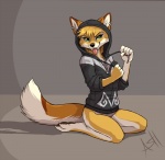 anthro biped bottomless clothed clothing ear_piercing fangs feet female fur green_eyes hindpaw hoodie kneeling pawpads paws piercing smile solo tan_body tan_fur teeth tongue tongue_out topwear white_body white_fur skeleion ash_fox_(skeleion) canid canine fox mammal swift_fox true_fox 2014 digital_media_(artwork) shaded