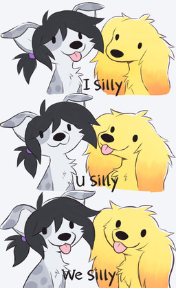 ambiguous_gender black_hair black_nose blep duo feral floppy_ears fur grey_body grey_fur hair looking_at_viewer lop_ears simple_background text tongue tongue_out white_background yellow_body yellow_fur aseethe uni_(dogupsidedown) vivi_(aseethe) canid canine canis domestic_dog mammal 2025 digital_media_(artwork) english_text hi_res multiple_images reaction_image