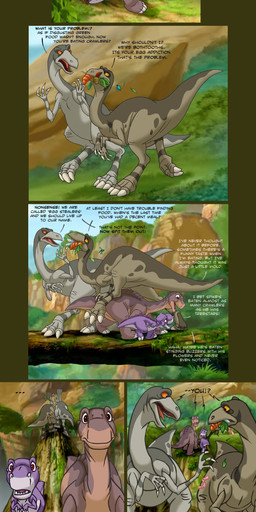 brown_body brown_eyes claws dialogue ellipsis feral group male oblivious orange_sclera purple_body red_eyes rivalry tail text toe_claws yellow_sclera young young_feral isismasshiro don_bluth the_land_before_time universal_studios chomper_(the_land_before_time) littlefoot ozzy_(the_land_before_time) strut_(the_land_before_time) apatosaurus arthropod dinosaur diplodocid diplodocoid insect ornithomimid ornithomimosaur prehistoric_species reptile saurischian sauropod sauropodomorph scalie struthiomimus theropod tyrannosaurid tyrannosauroid tyrannosaurus tyrannosaurus_rex absurd_res alternate_version_at_source comic english_text hi_res brother_(lore) brothers_(lore) sibling_(lore)