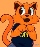 3_fingers anthro black_eyes blue_clothing blue_shirt blue_topwear bottomwear clothed clothing cute_fangs eyebrows fangs fingers fluffy fur looking_aside male open_mouth orange_background orange_body orange_fur pants paw_pose pose raised_eyebrow shirt simple_background solo t-shirt teeth toony topwear bowsaremyfriends cool_cat_(series) cool_cat domestic_cat felid feline felis mammal 2019 hi_res signature