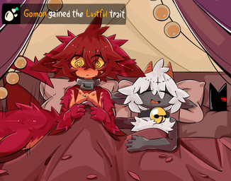 2_horns 4_fingers anthro arm_markings arm_tuft bed bell bell_collar big_tail blush blush_lines bodily_fluids chest_tuft collar cross crown drooling duo ear_markings embarrassed eye_scar eye_through_hair eyes_closed facial_markings facial_scar fingers fluffy fluffy_tail fur furniture gameplay_mechanics grey_body grey_fur hair hanging_lights head_markings headgear horn inverted_cross markings metal_collar morning_after multicolored_body multicolored_fur open_mouth orange_body orange_fur petals pillow red_blanket red_body red_fur red_hair rose_petals saliva scar sleeping striped_ears swirl_eyes tail text translucent translucent_hair tuft two_tone_body two_tone_fur white_body white_fur white_hair wide_eyed yellow_sclera gaogomon cult_of_the_lamb i_love_when_ppl_draw_ships_like_this massive_monster_(studio) gaogomon_(oc) lamb_(cult_of_the_lamb) red_crown_(cult_of_the_lamb) bovid caprine furred_kobold furred_scalie kobold mammal scalie sheep 2026 english_text hi_res meme