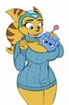 antennae_(anatomy) anthro between_breasts big_breasts blue_body blue_clothing blue_eyes blue_fur blue_hair blue_sweater blue_topwear bottomless bottomless_female breasts brown_stripes cleavage cleavage_cutout clothed clothing curvy_figure cutout duo female fur hair half-closed_eyes hand_on_head headgear headwear keyhole_turtleneck looking_at_another looking_at_viewer narrowed_eyes open_mouth ponytail ribbed_clothing ribbed_sweater simple_background stripes sweater thick_thighs topwear turtleneck voluptuous white_background wide_hips yellow_body yellow_fur omegasunburst third-party_edit meme_clothing ratchet_and_clank sony_corporation sony_interactive_entertainment angela_cross alien felid feline lombax mammal protopet colored colored_sketch hi_res meme sketch