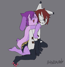 ambiguous_anthro ambiguous_gender anthro black_body black_fur black_tail duo fur grey_background hair hug open_mouth open_smile purple_body purple_fur purple_hair simple_background smile tail text bravobunny felid feline lagomorph leporid mammal rabbit artist_name full-length_portrait hi_res portrait