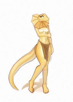 anthro barefoot bottomwear breasts clothing feet female loincloth navel non-mammal_breasts non-mammal_navel shy small_breasts solo under_boob yellow_body sosalkis agamid frilled_lizard lizard reptile scalie absurd_res hi_res