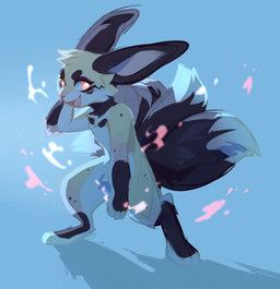 ambiguous_gender anthro arm_tuft black_body black_ears black_fur black_tail blue_background chest_tuft crotch_tuft dipstick_tail elbow_tuft fur happy head_tuft long_ears looking_aside markings multi_tail nude open_mouth open_smile orange_eyes pink_tongue simple_background smile solo standing star_pupils tail tail_markings three-quarter_view tongue tuft unsigned white_body white_fur white_tail yellow_body yellow_fur corzh77 species_request absurd_res full-length_portrait hi_res portrait