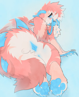 anthro anus blush breasts claws collar feathered_wings feathers female fluffy fluffy_chest fur genitals hair horn leash leash_in_mouth looking_at_viewer nipples object_in_mouth pawpads paws simple_background smile solo spiked_tail spikes spikes_(anatomy) tail tail_anus vulva wings wuff34 mythology amiri_(nonbiamiri) dragon mythological_creature mythological_scalie scalie digital_media_(artwork) hi_res
