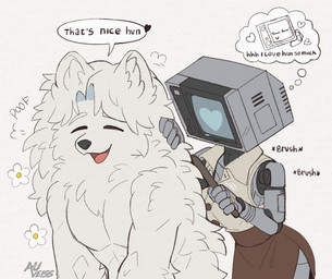 5_fingers anthro biped black_nose bottomwear brush brushing clothed clothing collared_shirt dialogue dress_shirt duo eyebrows eyelashes eyes_closed female fingers fluffy for_a_head fur gold_ring grey_body grey_text hair heart_symbol holding_brush holding_object husband_and_wife inner_ear_fluff machine male married_couple motion_lines mouth_closed nude open_mouth open_smile ring screen screen_face shirt simple_background skirt smile sound_effects speech_bubble talking_to_another text tongue topwear tuft white_body white_fur auveiss matthew_graceford_(auveiss) melissa_graceford_(auveiss) canid canine humanoid mammal object_head robot screen_head 2026 english_text