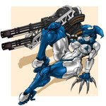 2024 5_claws absurd_res big_breasts bikini biped blue_bikini blue_body blue_clothing blue_swimwear breasts claws closed_smile clothing female front_view full-length_portrait gatling_gun gausscannon glistening glistening_body glistening_claws gun hand_on_ground hi_res high_heeled_feet huge_hips huge_thighs humanoid jenny_wakeman knee_pulled_up leaning leaning_backward lips long_claws looking_at_viewer machine machine_gun metallic_body minigun mouth_closed multicolored_body my_life_as_a_teenage_robot navel nickelodeon nipple_outline not_furry pinup portrait pose ranged_weapon robot robot_humanoid shaded simple_background sitting smile solo swimwear thick_thighs two_tone_body weapon weapon_arm white_body wide_hips