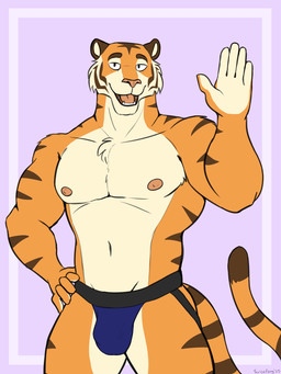 anthro bulge clothed clothing countershade_face countershade_fur countershade_legs countershading detailed_bulge eyebrows fangs fur gesture hand_on_hip jockstrap jockstrap_only looking_at_viewer male muscular muscular_male navel nipples no_irises orange_body orange_fur pink_nose raised_eyebrows simple_background skimpy smile solo striped_body striped_fur stripes teeth thick_eyebrows topless underwear underwear_only waving waving_at_viewer scribefang shanji_(scribefang) felid mammal pantherine tiger 2025 3:4 digital_drawing_(artwork) digital_media_(artwork) hi_res