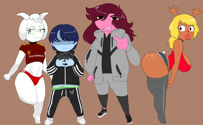 anthro antlers bent_over bimbofication bimbofied blonde_hair blue_body bottomwear brown_body clothing eyewear female femboy freckles gesture glasses group hair hand_gesture hoodie horn hotpants legwear lips male markings middle_finger money money_spread navel pink_body red_hair shorts spots spotted_body thick_lips thigh_highs thong tomboy topwear underwear wearing_glasses white_body savagensfw deltarune nintendo pokemon undertale_(series) kris_(deltarune) noelle_holiday ralsei susie_(deltarune) bovid caprine deer goat human mammal monster new_world_deer reindeer scalie hi_res
