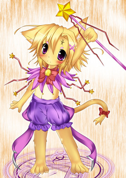 2000s_anime_style 2000s_theme :< anthro blonde_hair clothed clothing countershading female fur hair kemono long_hair magic magic_circle magic_wand magical_girl_outfit solo subaru_(subaryun) yellow_body yellow_fur young subaryun domestic_cat felid feline felis mammal 2010 hi_res