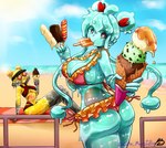 accessory beach big_breasts bikini breasts butt clothing day dessert duo eating female food green_body hair_accessory hair_ribbon heart_eyes heart_symbol holding_food holding_ice_cream holding_object holding_popsicle ice_cream popsicle popsicle_in_mouth red_ribbon ribbons sea sky sun swimwear thick_thighs two-piece_swimsuit water yellow_body morbidlycutecrunch benni_(morbidlycutecrunch) chiyo_(morbidlycutecrunch) goo_creature goo_humanoid humanoid absurd_res hi_res