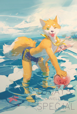 anthro ball beach blue_sky bulge clothed clothing countershading fangs fluffy fluffy_tail fur green_eyes kayak kemono leaning leaning_forward leaning_on_object looking_at_viewer male multicolored_body multicolored_fur one_eye_closed open_mouth orange_body orange_fur outside pose sea seaside sky solo swimming_trunks swimwear tail teeth text tongue topless two_tone_body two_tone_fur vehicle water watercraft white_body white_fur wink winking_at_viewer juo1 canid canine fox mammal 2019 absurd_res hi_res