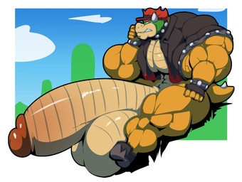 anthro balls big_balls big_muscles big_penis clothing genitals huge_balls huge_muscles huge_penis hyper hyper_balls hyper_genitalia hyper_muscles hyper_penis male muscular muscular_male penis sitting solo topwear bobert mario_bros nintendo bowser hi_res