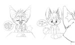 anthro beverage clothed clothing coffee_cup container cup dialogue duo eyes_closed fangs fur hair kerchief looking_at_another male neck_tuft speech_bubble spilled_drink star_(shape) teeth text tuft silverfox5213 comet_(silverfox5213) silverfox5213_(character) bat canid canine fox mammal red_fox true_fox 2016 comic english_text greyscale monochrome